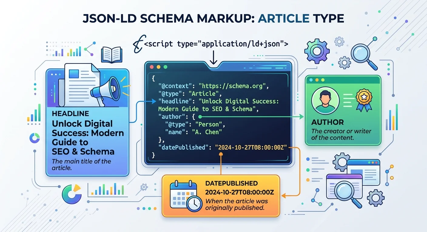 Code example of JSON-LD Article schema markup for AI agents