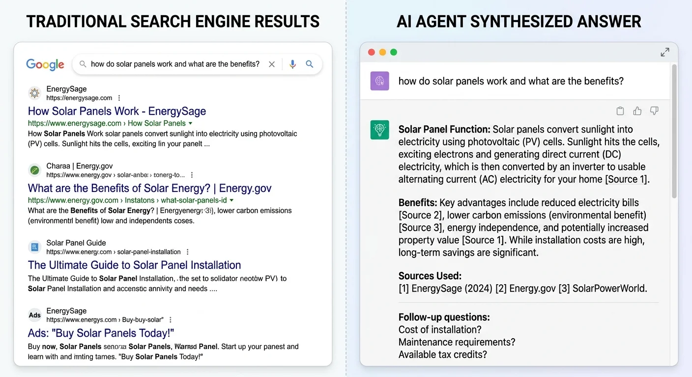 Diagram comparing traditional SERP results with AI agent content synthesis