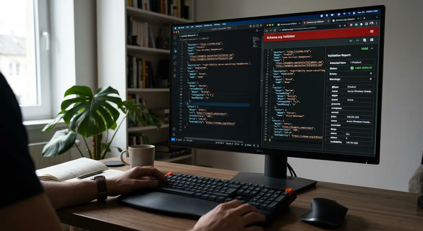 Developer implementing JSON-LD structured data for AI agent optimization